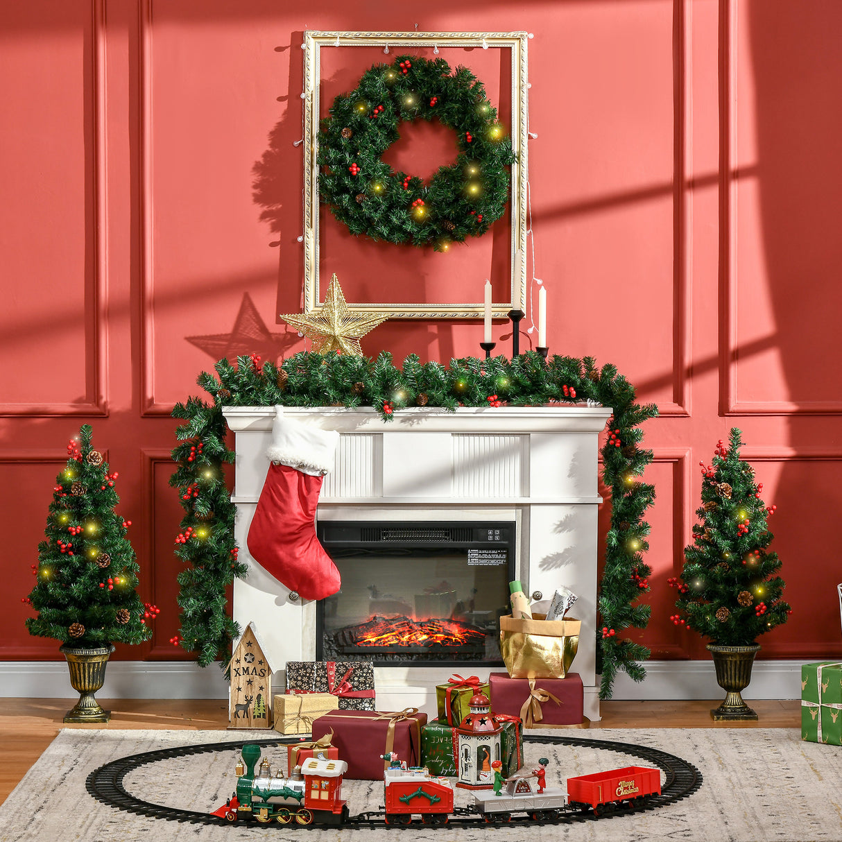 Pre-lit-Christmas-4-Piece-Set,-Garland-Wreath-and-Set-of-2-Entrance-Trees-with-Warm-White-LED-Lights,-Red-Berries,-Pine-Cones,-Green-Wreaths-&-Garlands