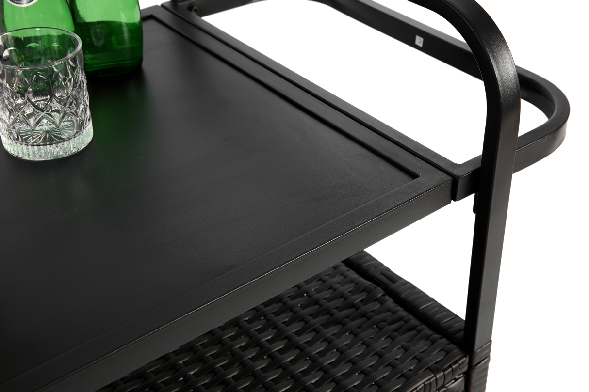 Outdoor Bar Table with Wicker Bar Cart and Steel Top