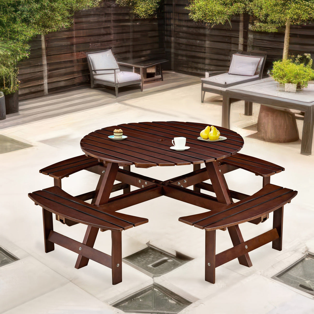 Outdoor 8 Person Round Picnic Table with Built-in Benches and Umbrella Hole
