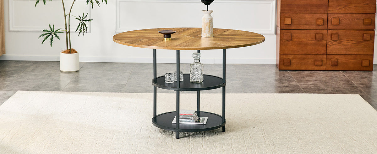 47.3-Inch Diameter Modern Circular Dining Table with Double-Layer Storage - Black, Wood