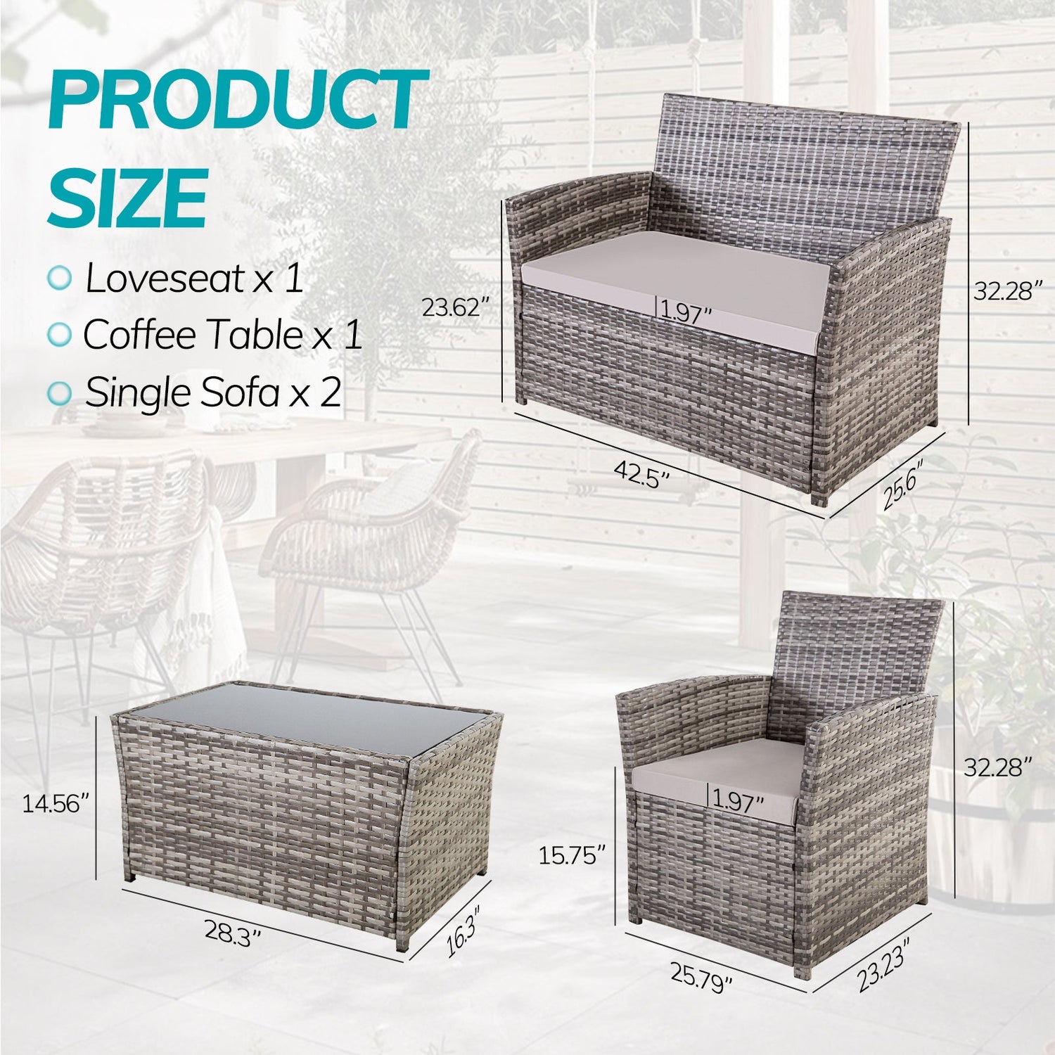 4 Piece All-Weather Rattan Outdoor Sectional Set with Cushions