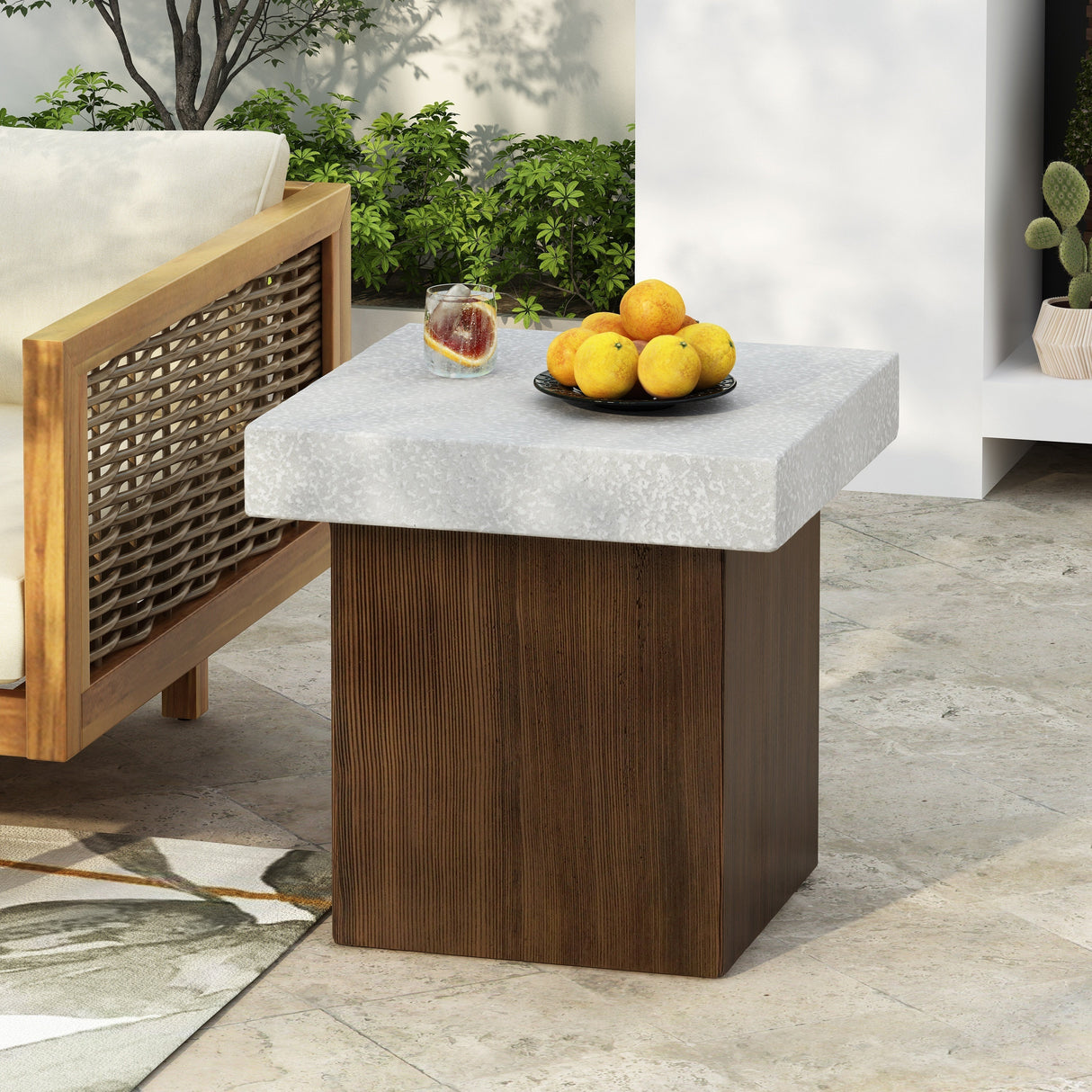 MGO Square Side Table with Faux Stone Top and Wood Frame