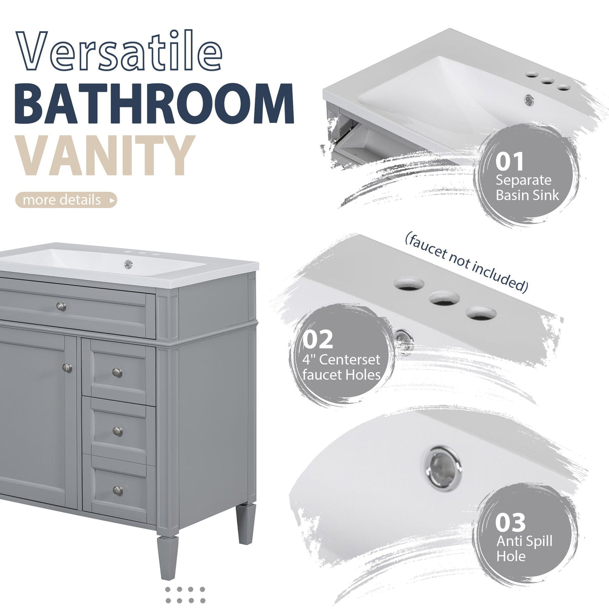 Bathroom Vanity With Top Sink, 2 Doors And 3 Drawers, Freestanding Set With Mirror Cabinet
