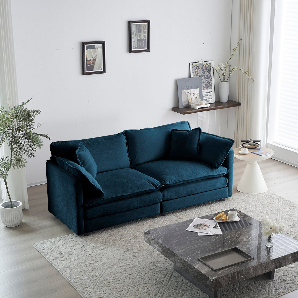 Modern Fabric Loveseat Sofa Couch for Living Room, Upholstered Large Size Deep Seat 2-Seat Sofa with 4 Pillows, Blue