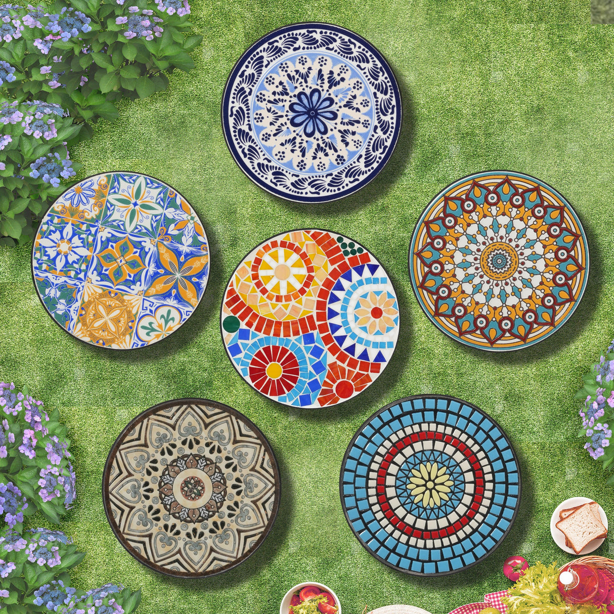 Ceramic Tile and Iron Patio Side Table with Shelf, Brown and Black