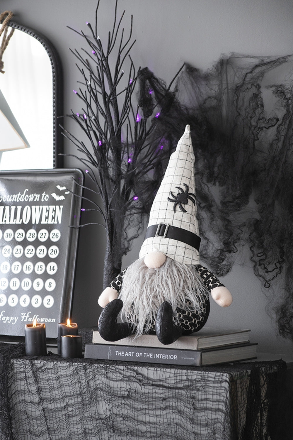 23.5" Halloween Gnome – Fabric Sitting Decor with White Hat & Spider Accent