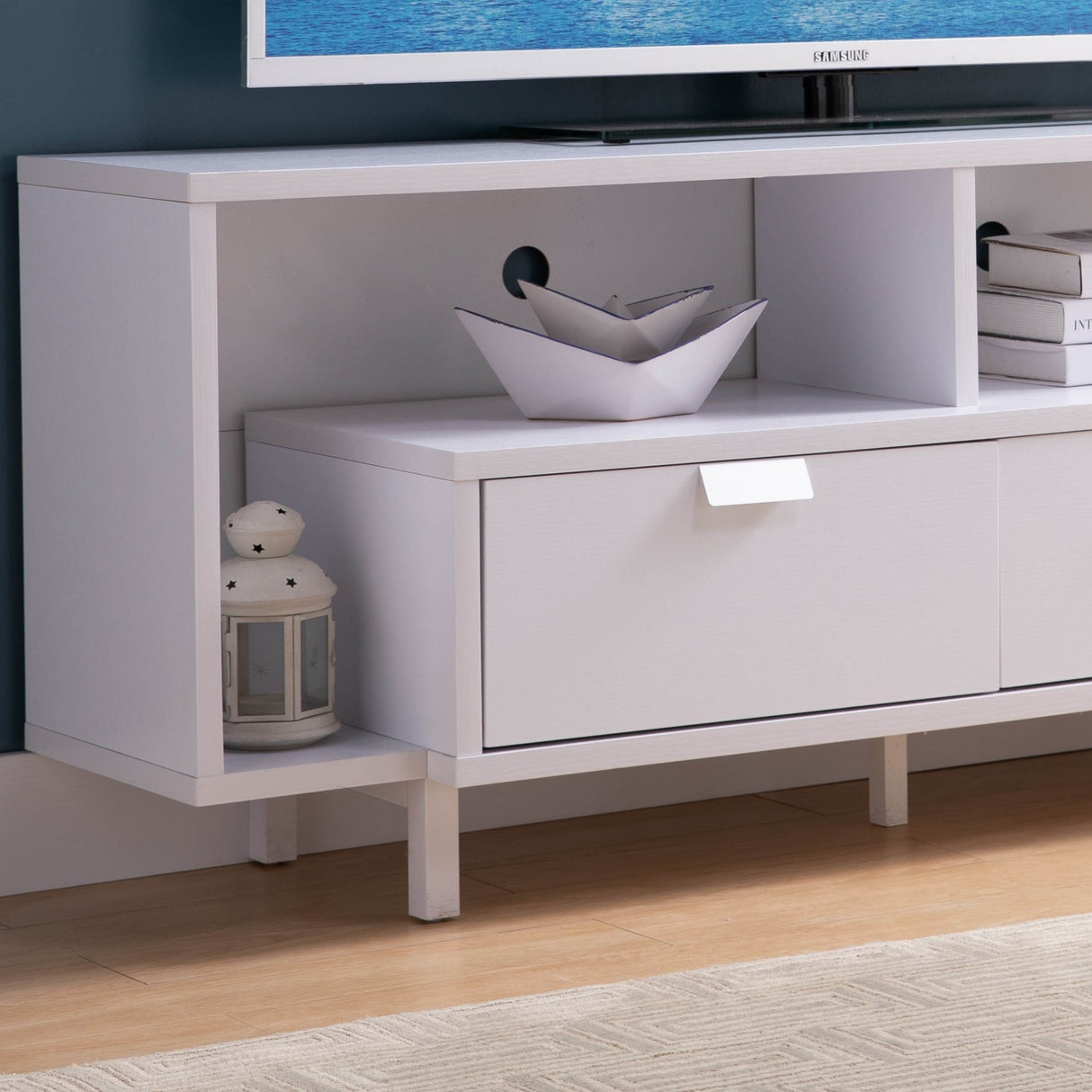 Modern 60" TV Stand with Two Shelves and Two Drawers - White