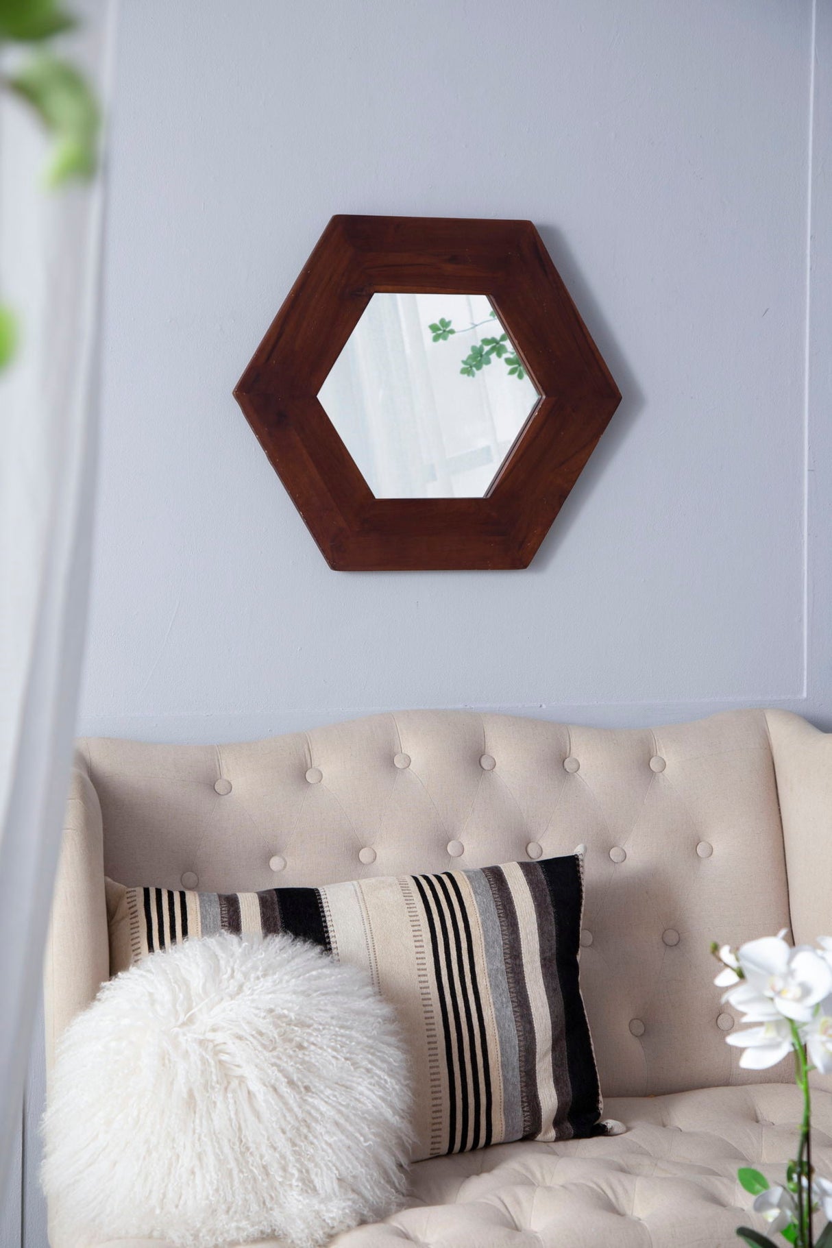 Hexagon Mirror With Natural Wood Frame