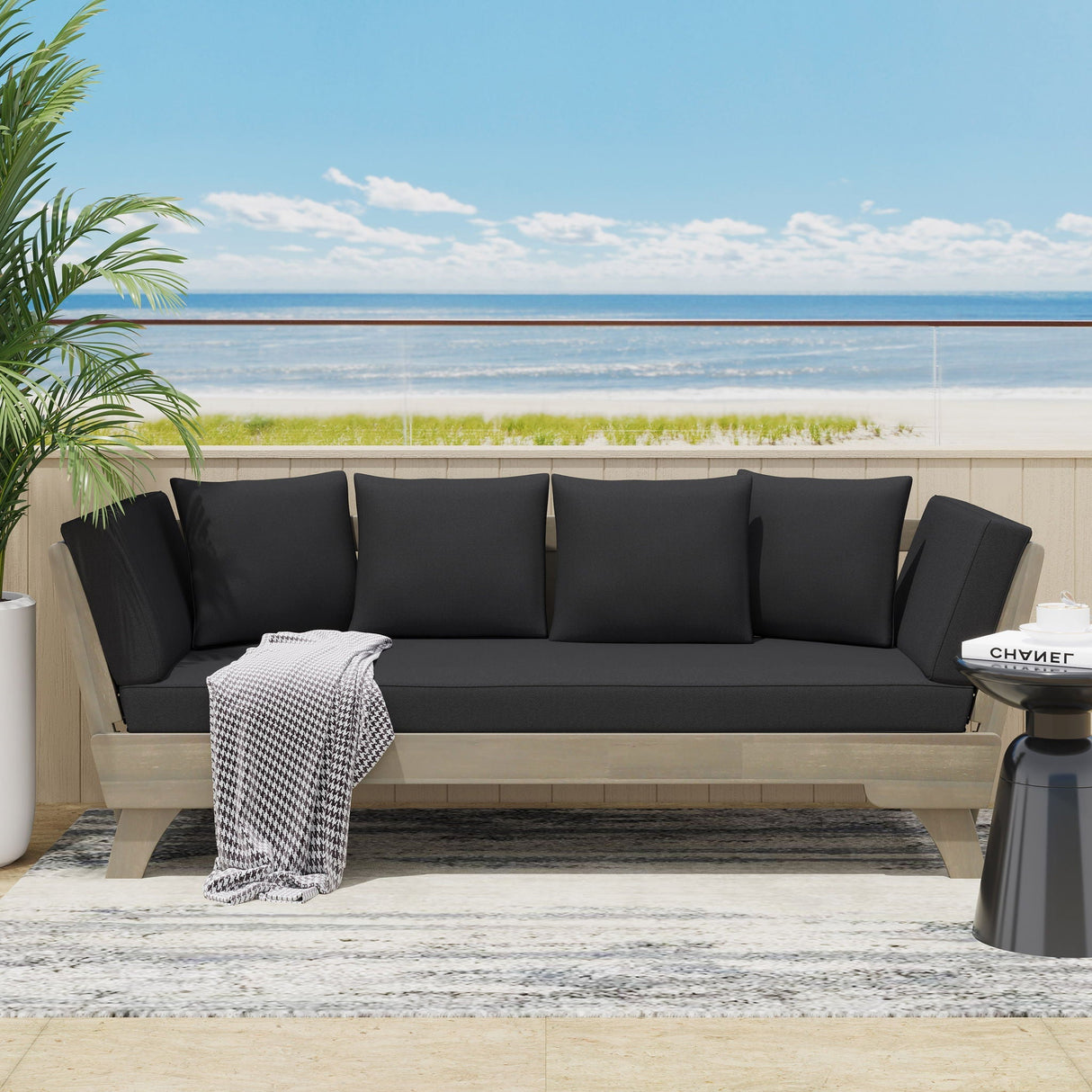Outdoor Patio Daybed Sofa, 3 Seat Sofa with Foldable Arm and 4 Back Pillows