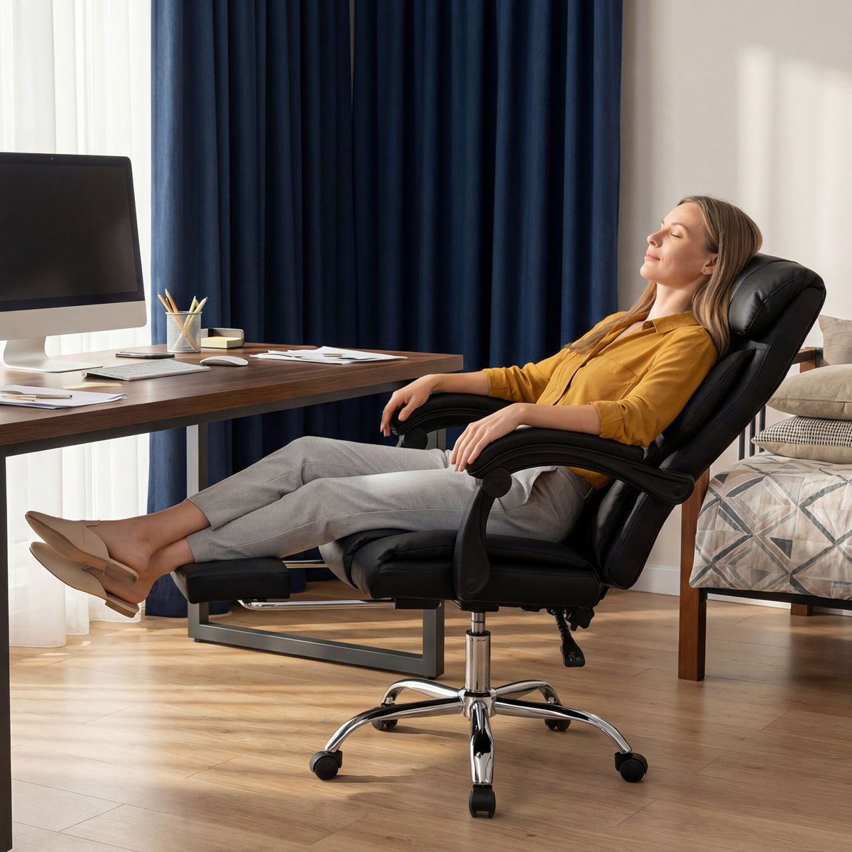 Executive Office Chair With Foot Rest, Adjustable Height - Black