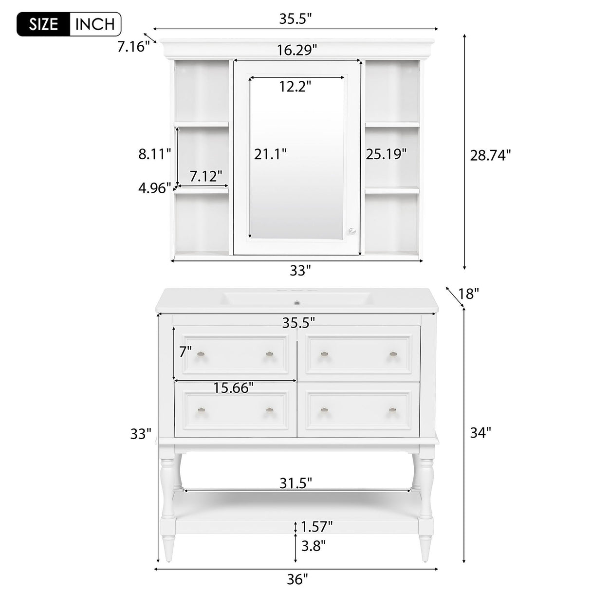 Bathroom Vanity with Medicine Cabinet, Storage Cabinet with 4 Drawers, Adjustable Shelf Mirror