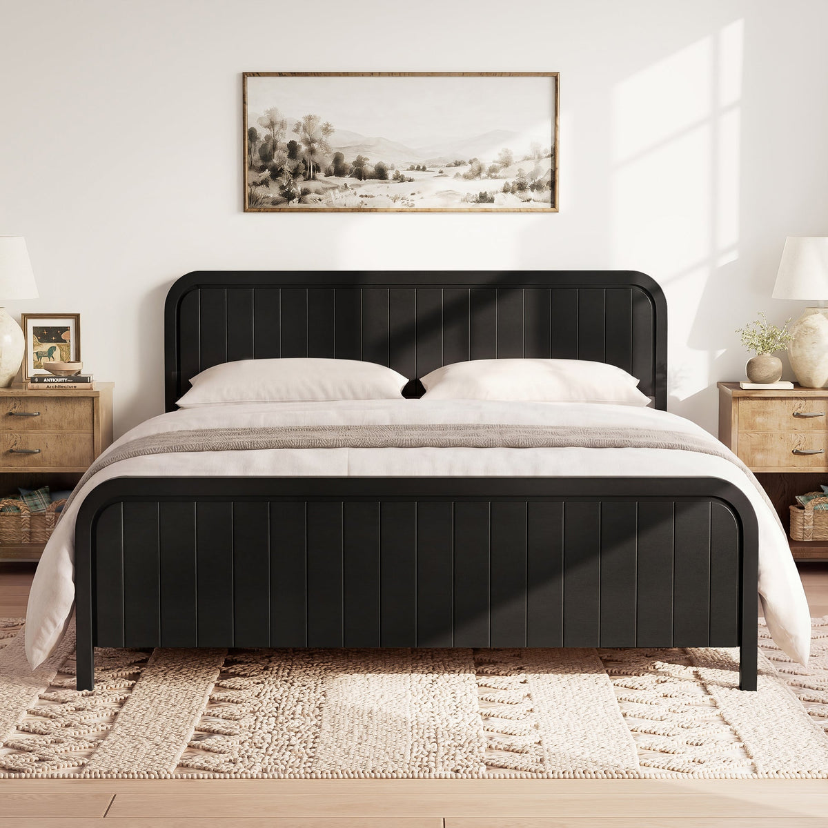 King Bed Frame with Headboard - Modern Wood Platform Bed - Black