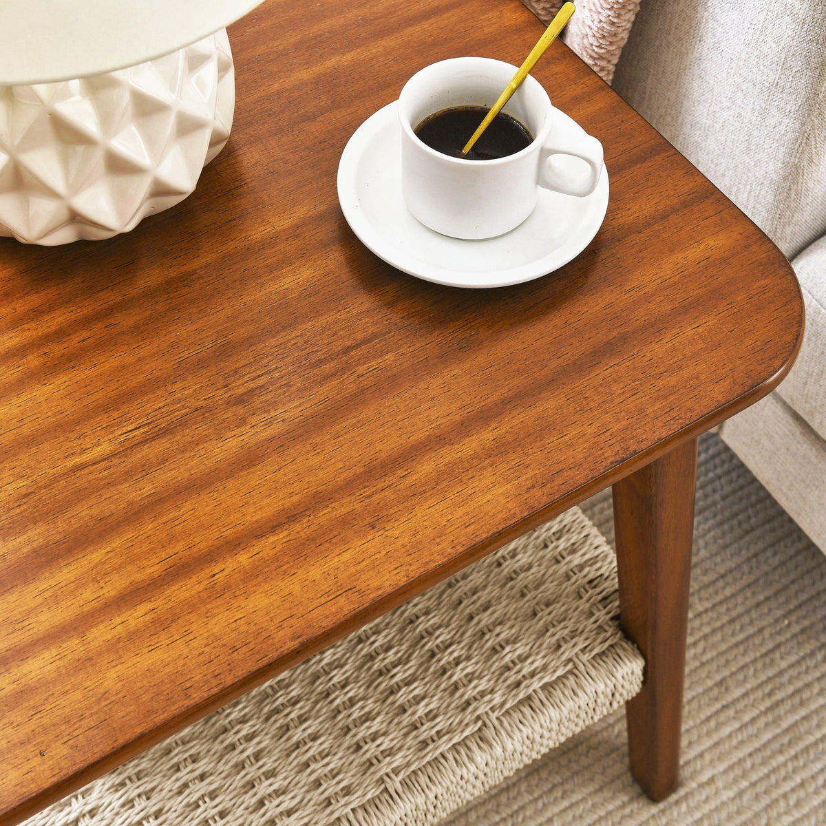 Mid - Century Square Side Table With Woven Shelf - Walnut