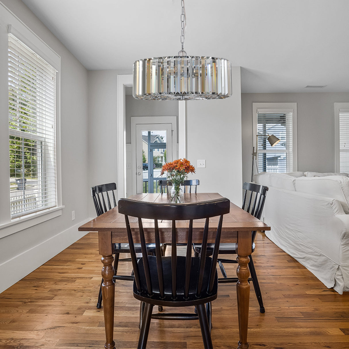 17' Chrome Crystal Pendant Chandelier, Modern Hanging Light Fixture with Adjustable Height, 4-Light E26 Base for Living Room, Dining Room, or Kitchen (No Bulbs)