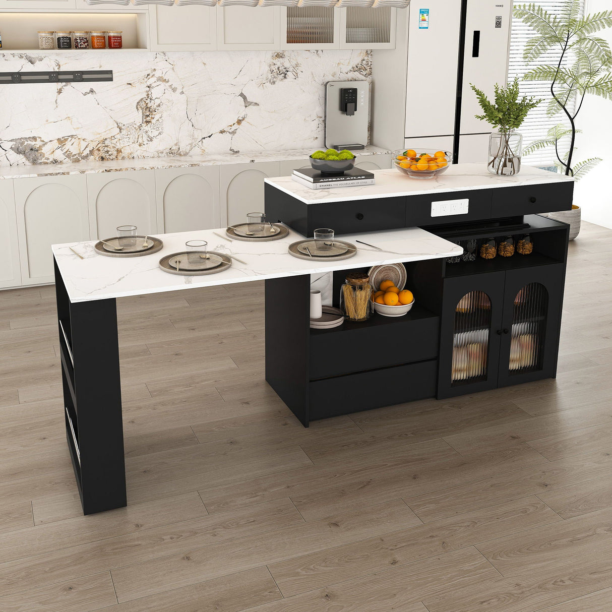 Retro Kitchen Island Set With Chairs, Extendable & Rotating Table, 4 Drawers & Door Cabinets