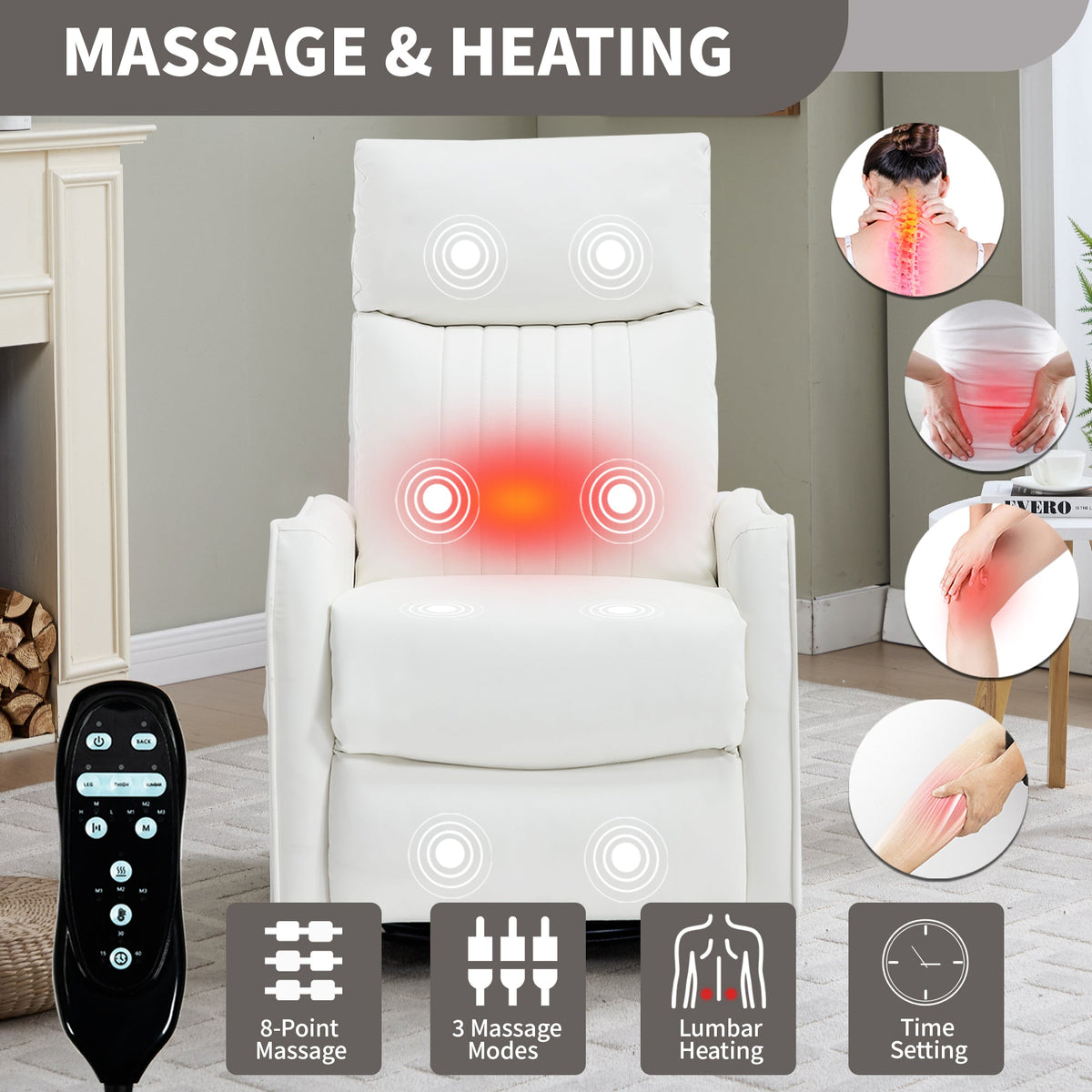 White Heat Massage Manual Recliner Chair with Rocker and Swivel in Faux Leather