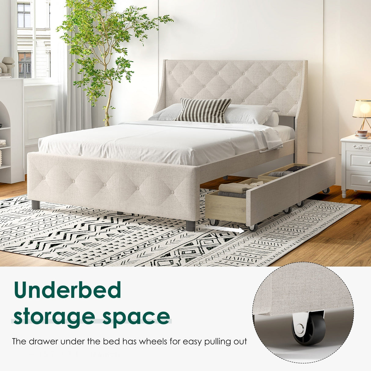 Queen Size Rubber Wood Bed Frame with Storage Headboard & Drawers