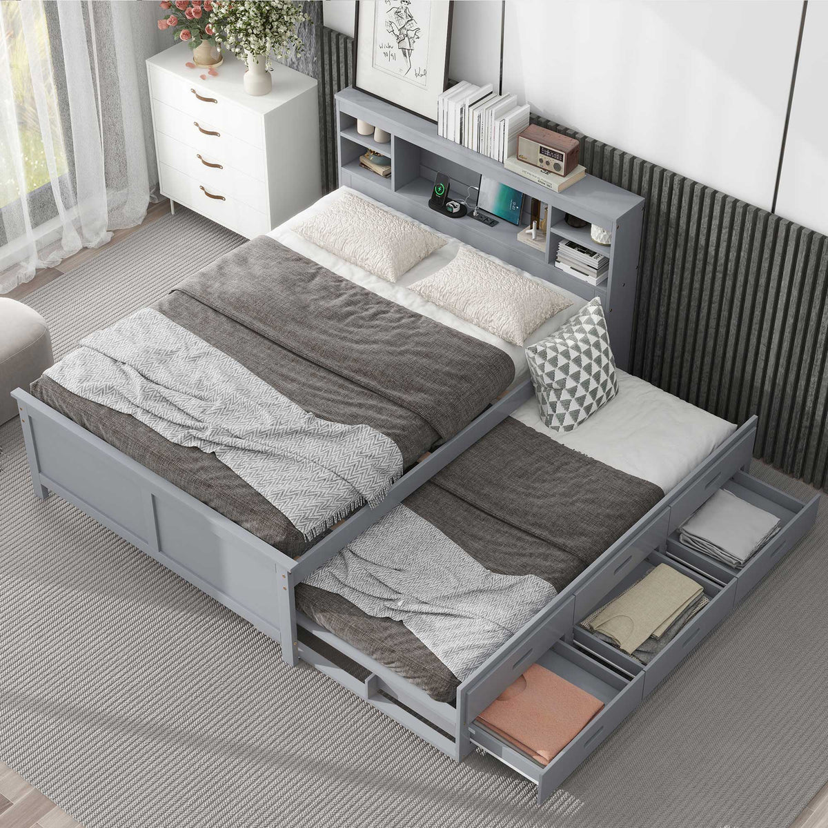 Platform Bed With Storage Headboard, USB, Trundle And 3 Drawers