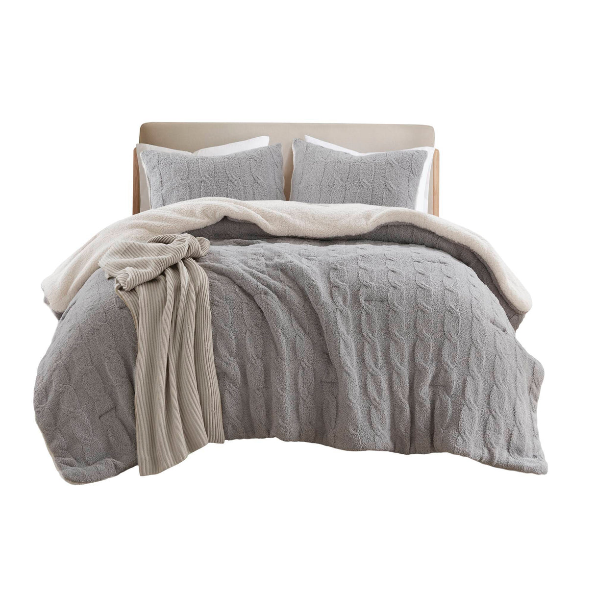 3 Pieces Full/Queen Cable Knit Chenille Comforter SetGray
