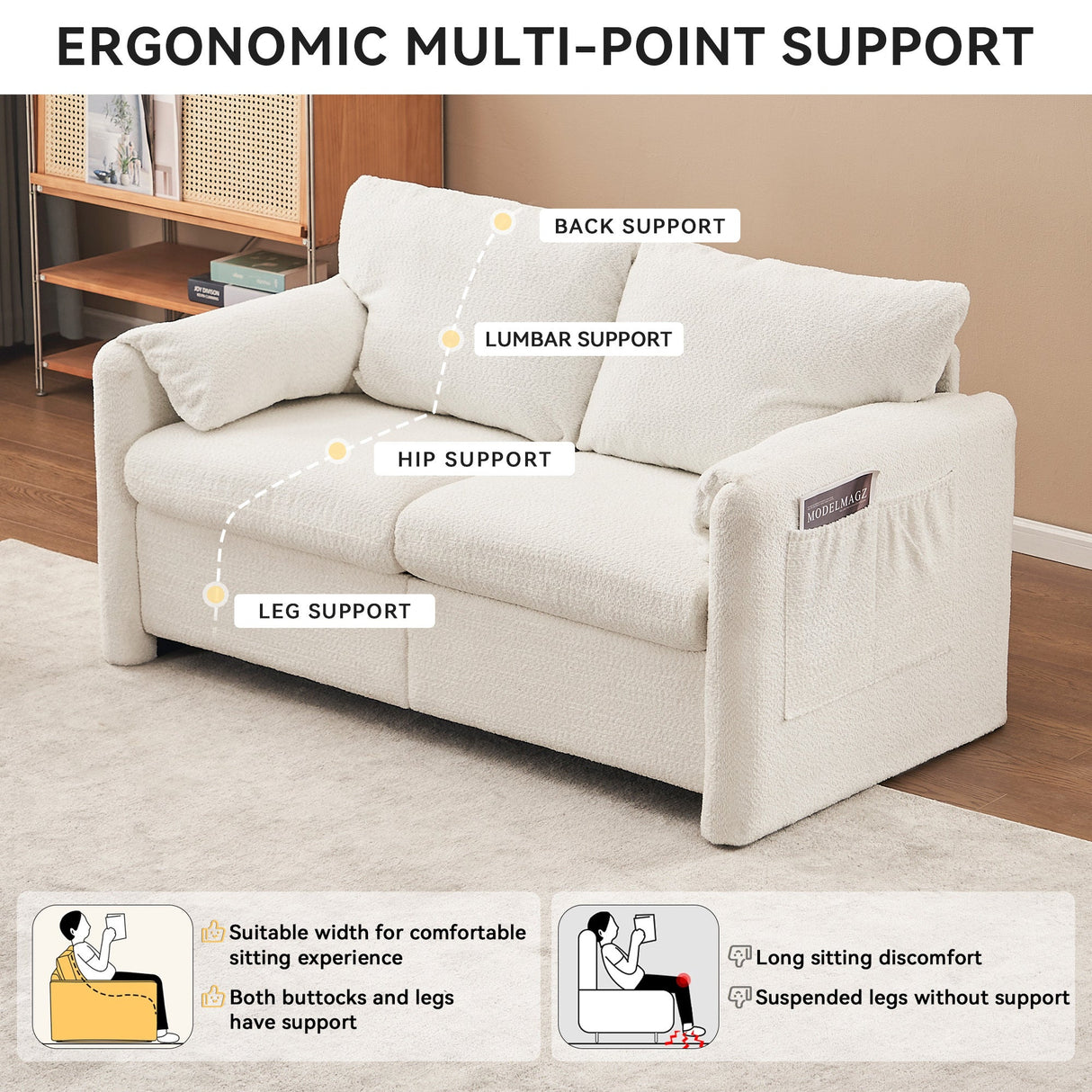 Modern Loveseat Sofa 2-Seater - Plush Chenille Fabric Ivory White