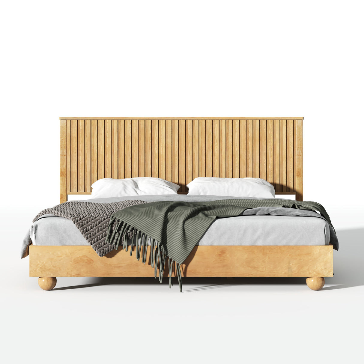 Natural Queen Size Wood Bed Frame With Reeded Headboard