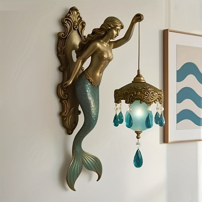 Mermaid Wall Sconce – Ocean Theme Crystal Lantern Light for Bedroom & Bathroom