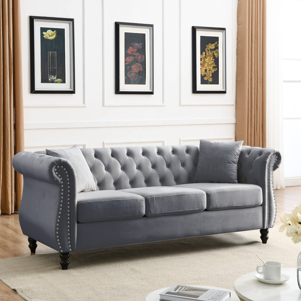 80" Grey Velvet Chesterfield Sofa
