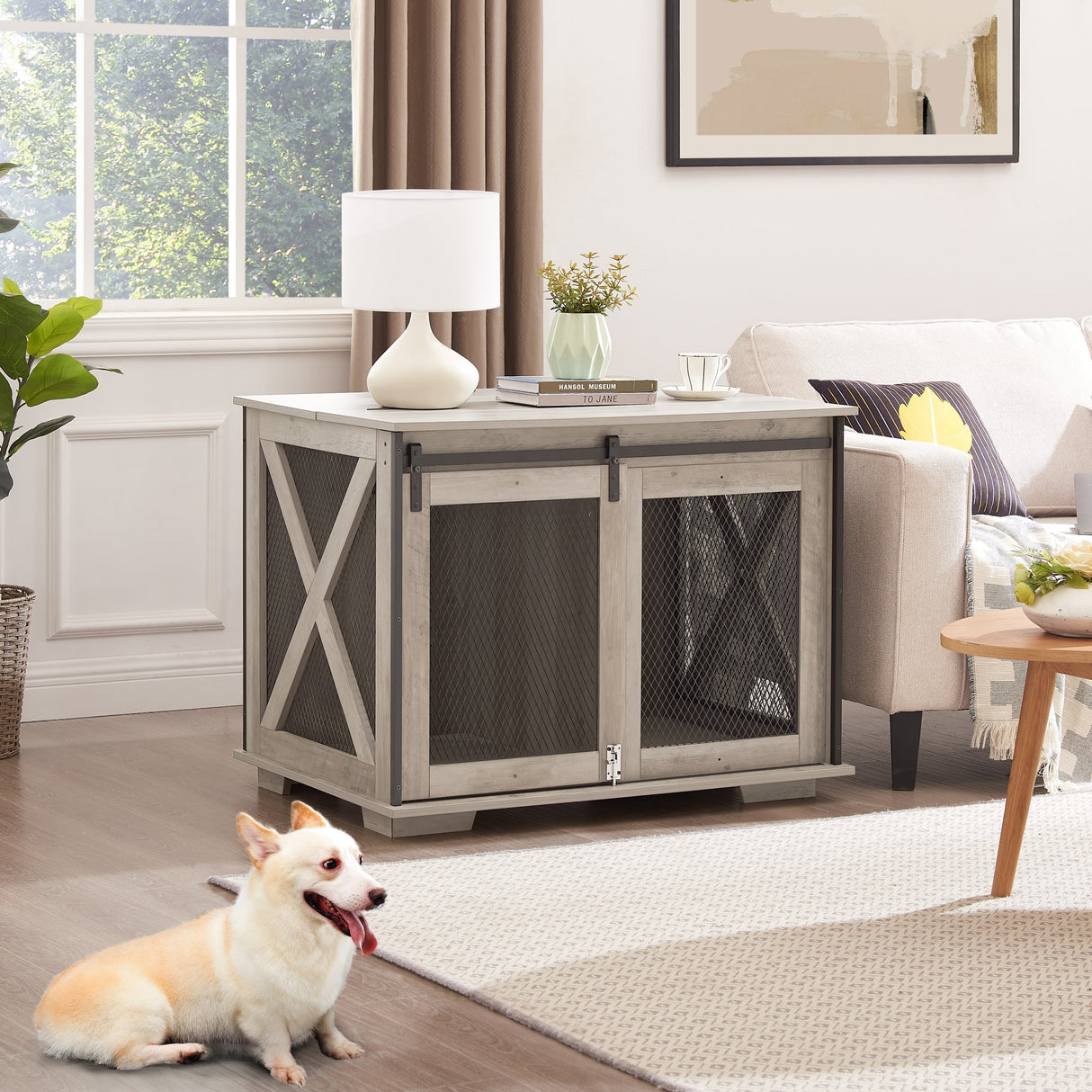 Farmhouse Dog Cage Crate Furniture with Sliding Barn Door
