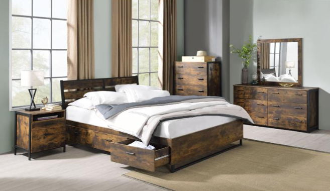Rustic Oak & Black Finish King Bed with Storage