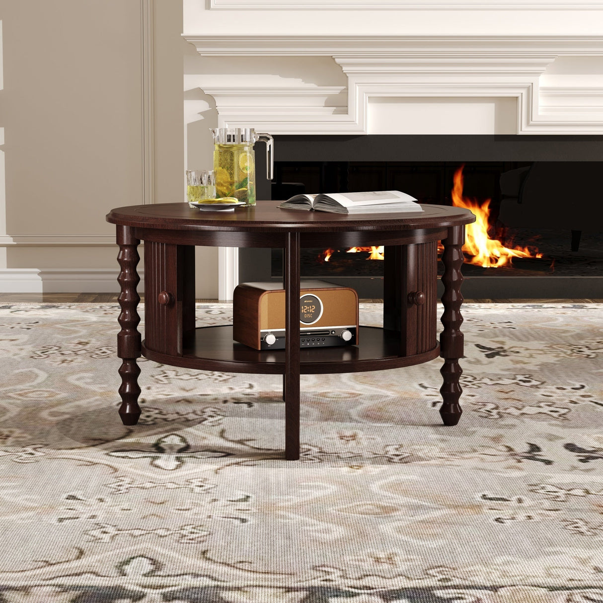 Vintage Round Coffee Table with Storage in Walnut