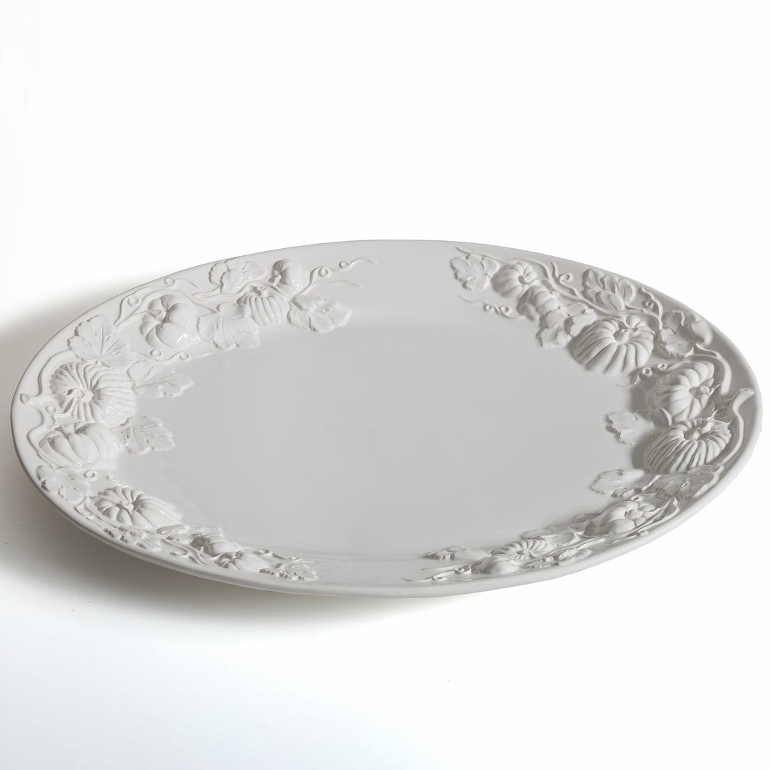 Pumpkin-Leaf-20”-Oval-Platter,-White-Embossed-Pumpkin-Fall-Harvest,-Made-in-Italy-Serving-Platters