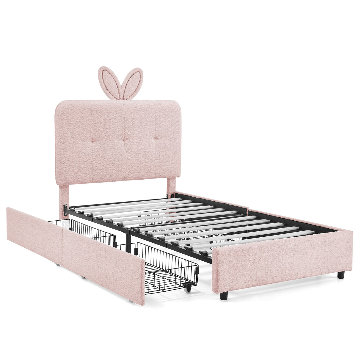 Twin Size Kids Upholstered Bed with Oversized Rabbit Ear Headboard, LED Light & 4 Storage Drawers, Boucle Fabric (79.5''X40.75''X41'')