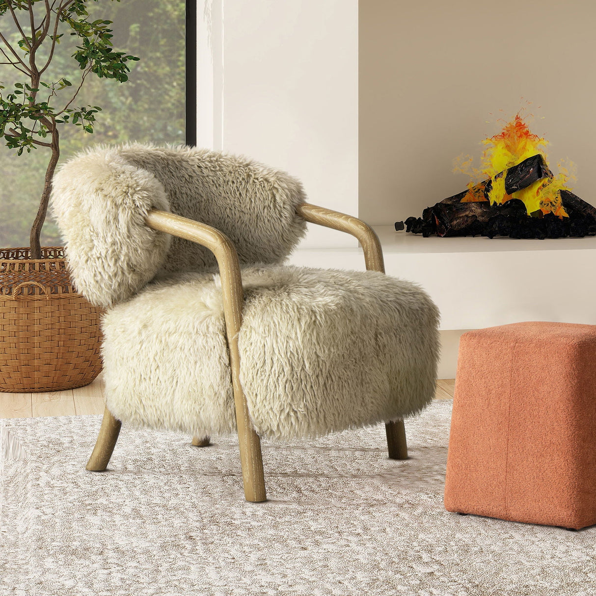 Becker Rustic Oak Sheepskin Upholstered Accent Arm Chair - Taupe Beige