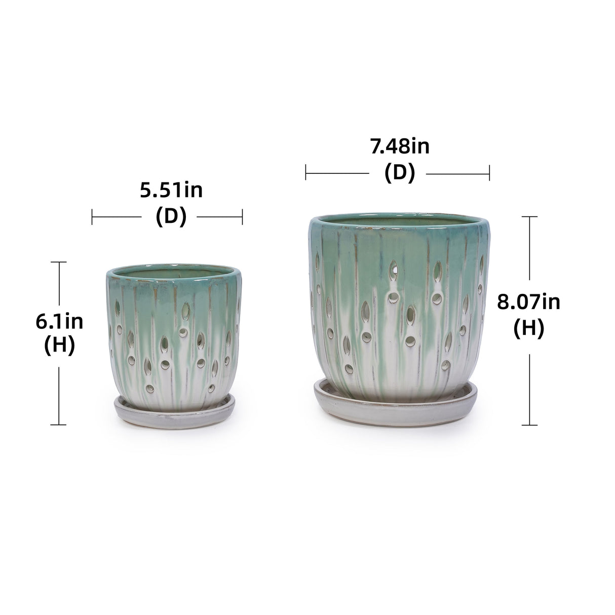 Set of 2 Ceramic Flowerpot with Drainage Hole, 8' Modern Planter for Patio, Garden, Windowsill - White Green
