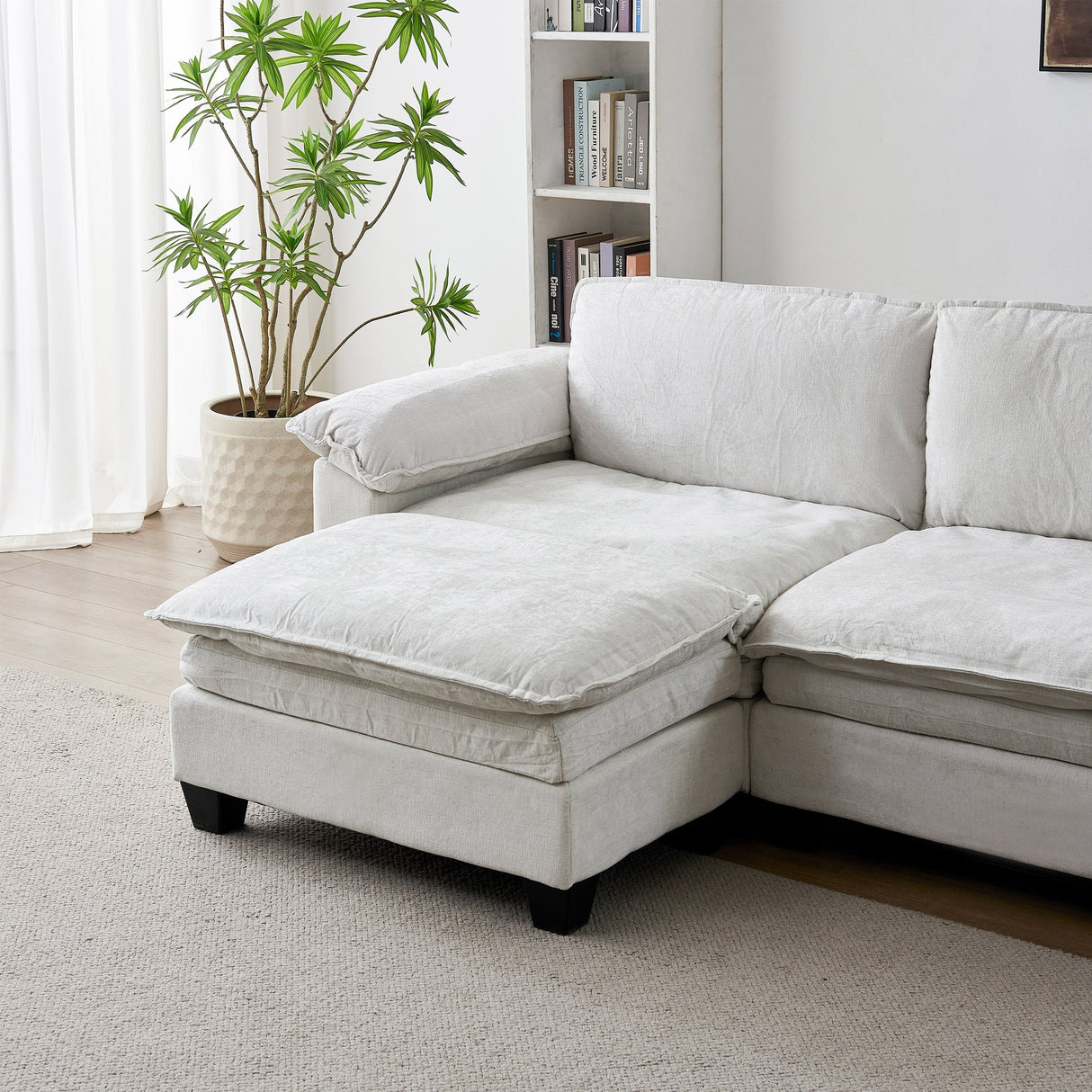 Living Room Furniture Sofa Luxury Couch with Ottoman Soft Chenille Upholstered L Shape Sofa Beige