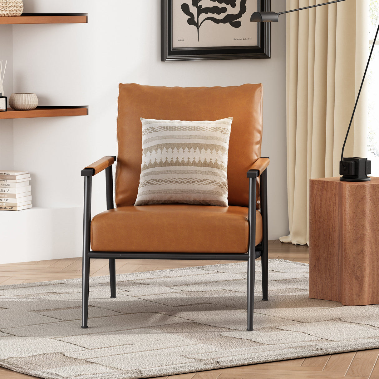 Mid-Century Modern Accent Chair with Brown Faux Leather Upholstery