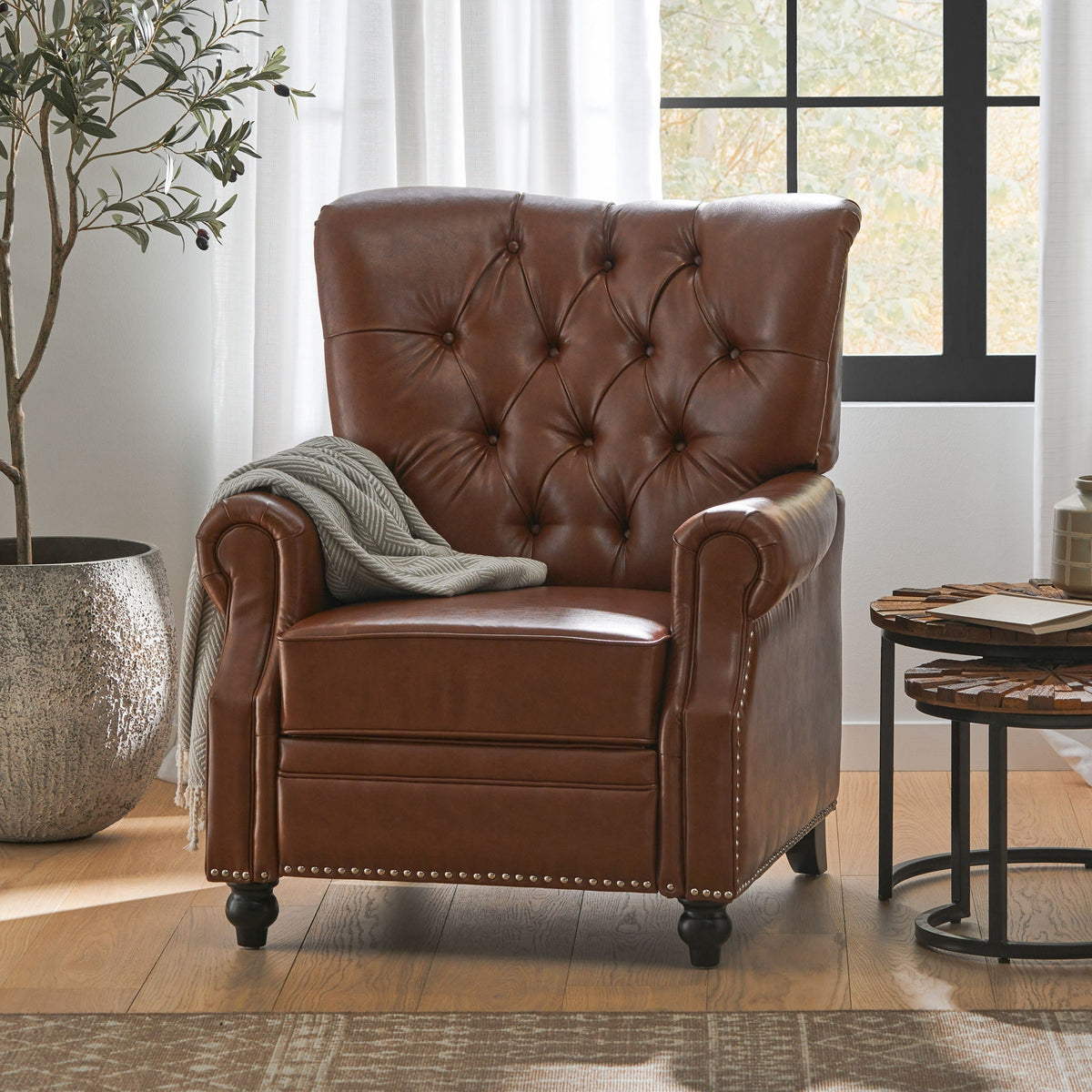 Welch Contemporary Tufted Pushback Recliner with Nailhead Trim - Beige or Light Brown