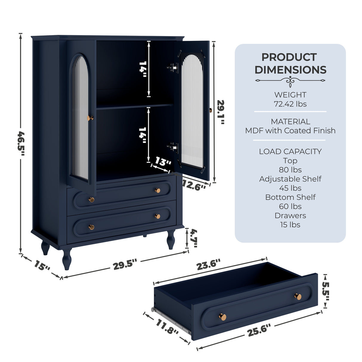 46.5'' Glass Display Cabinet with Ribbed Glass Doors