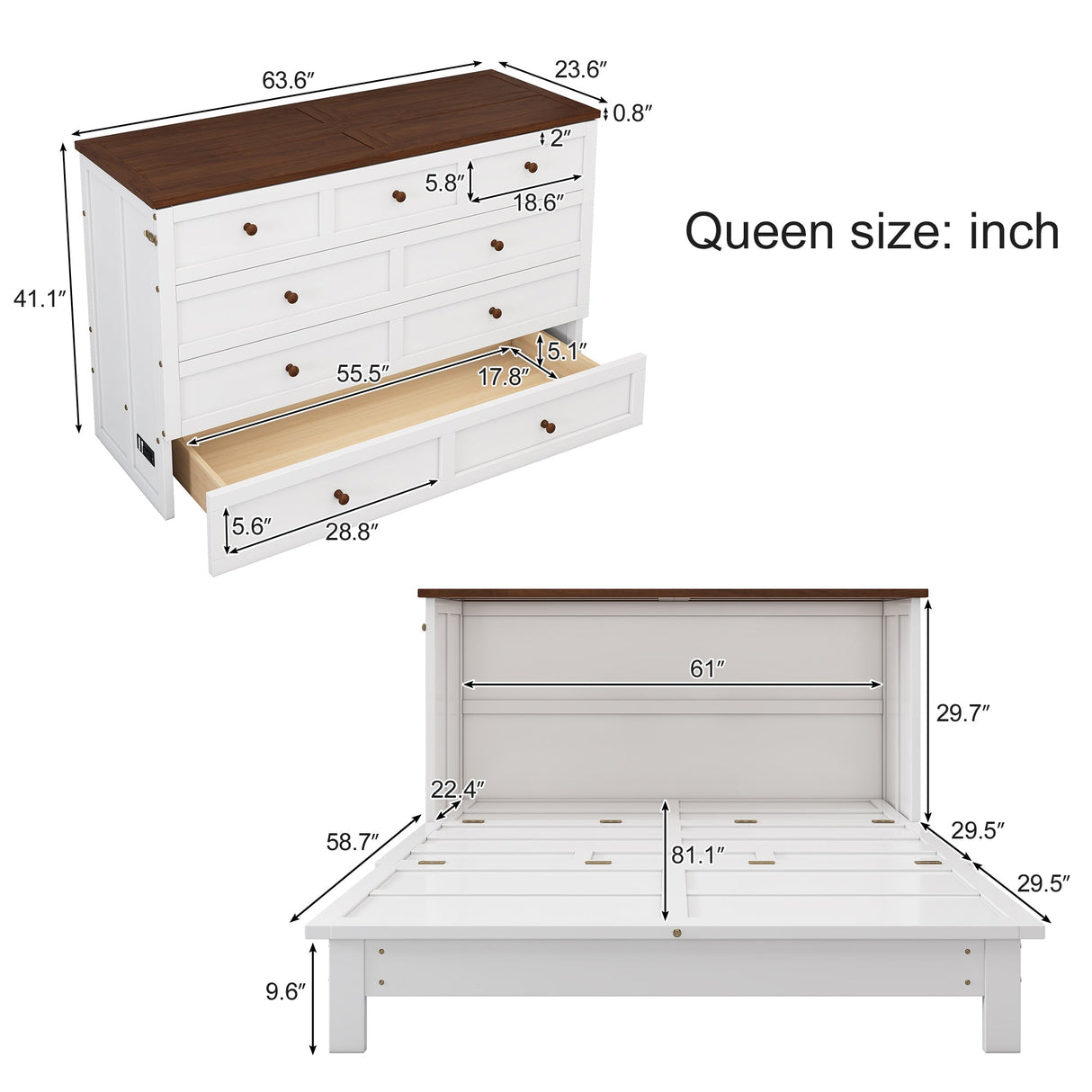Solid Pine Murphy Bed Chest with Charging Station and Large Storage Drawer - Queen