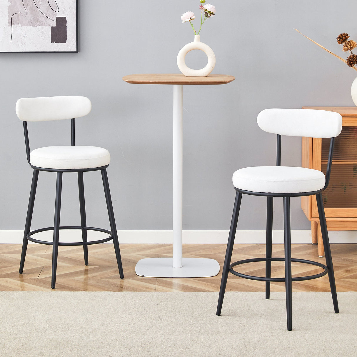Fashionable Ergonomic High Legged Bar Chairs with White Fabric Cushions - Set of 2