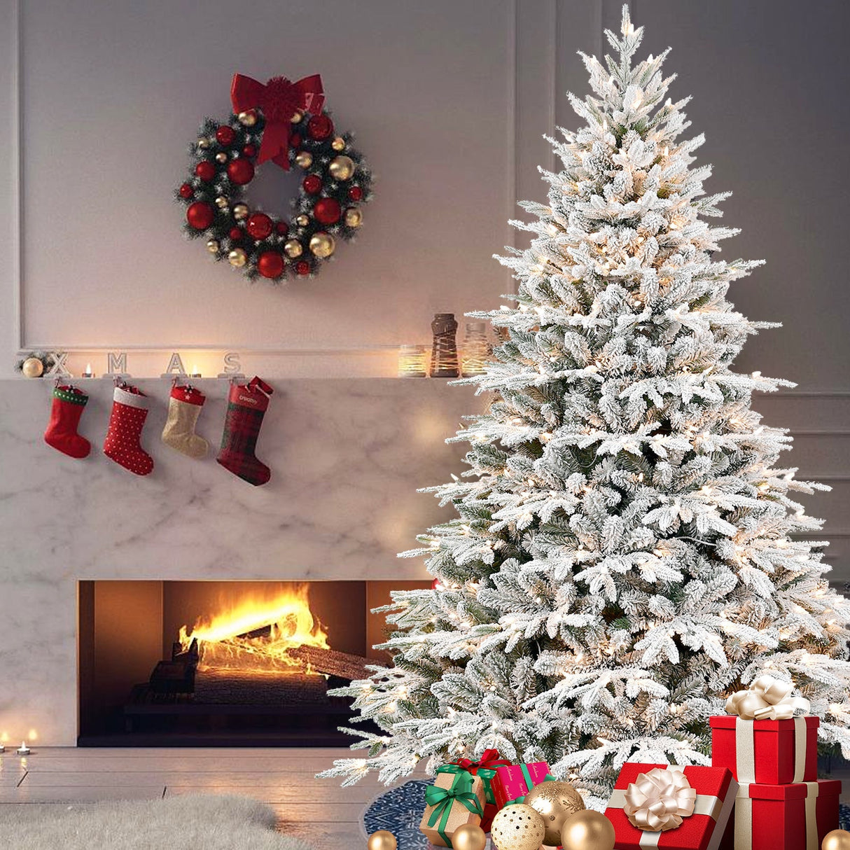 7.5ft Pre-Lit Flocked Artificial Christmas Tree