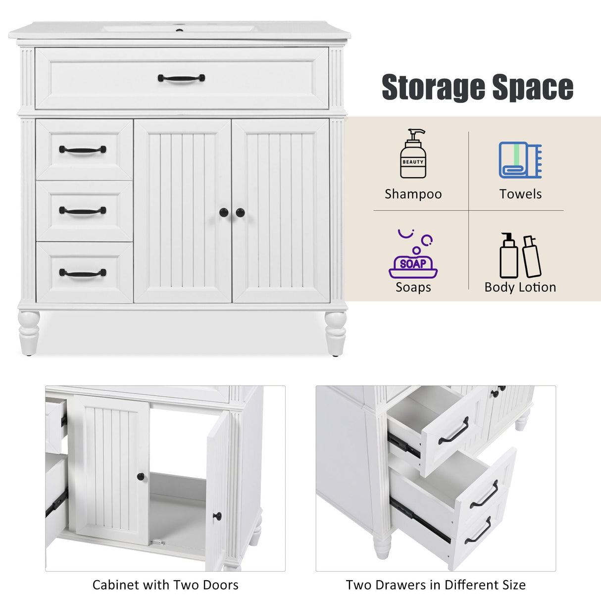 Bathroom Vanity With Sink, 2 Door Storage With Soft Closing Hinges - White