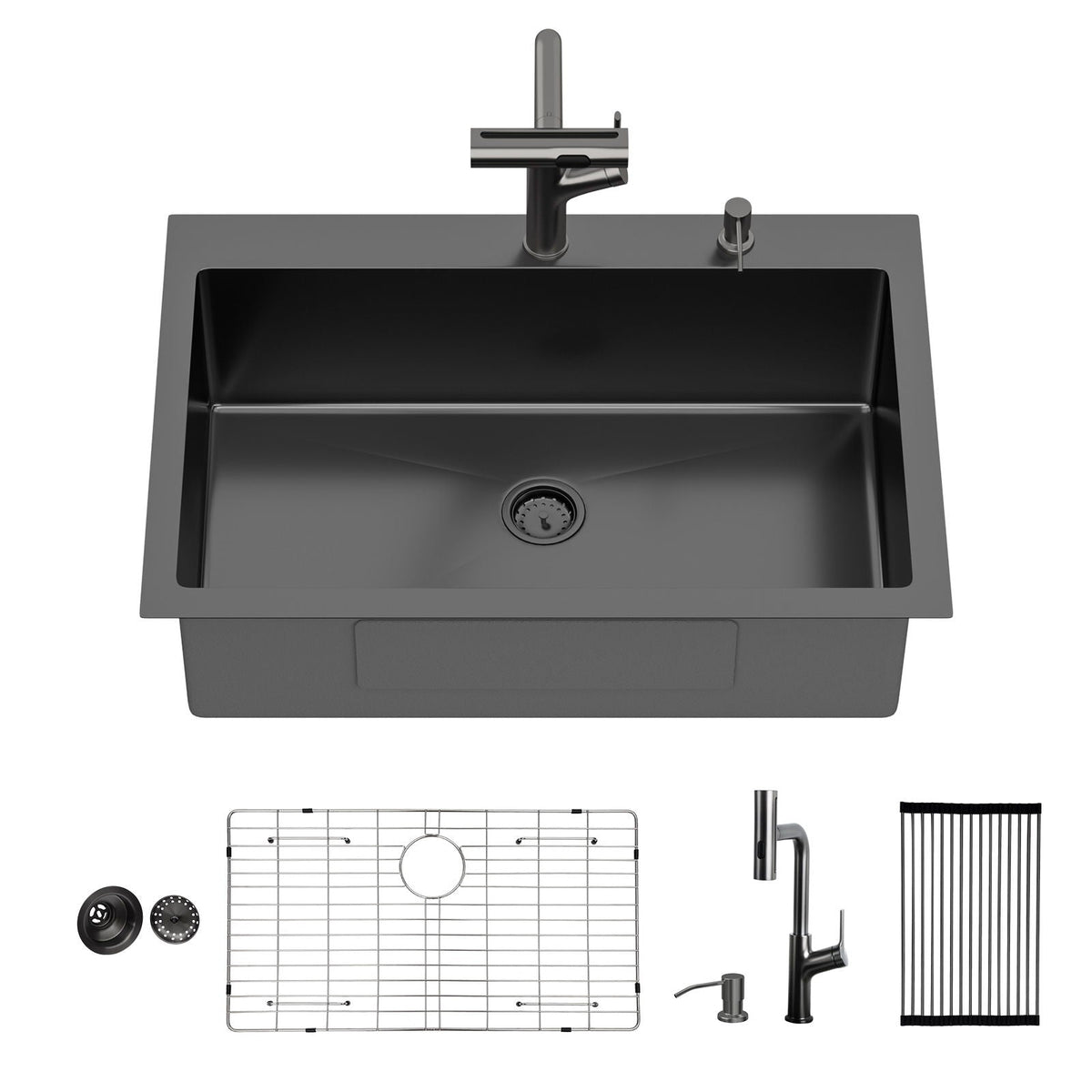 Drop-In Stainless Steel Kitchen Sink With Pull-Out Faucet And Soap Dispenser