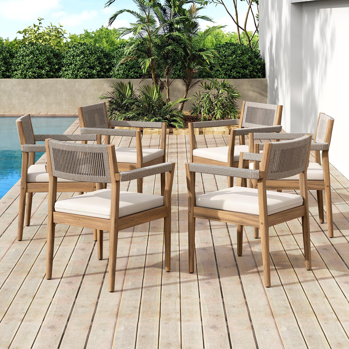 Braided Acacia Wood Outdoor Dining Chairs Set of 2 β Teak Look with Beige Rope & Cream Cushions