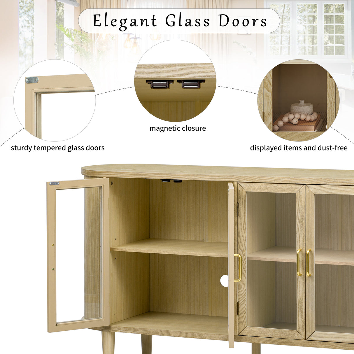 Wood Buffet Cabinet with Glass Doors and Adjustable Shelves