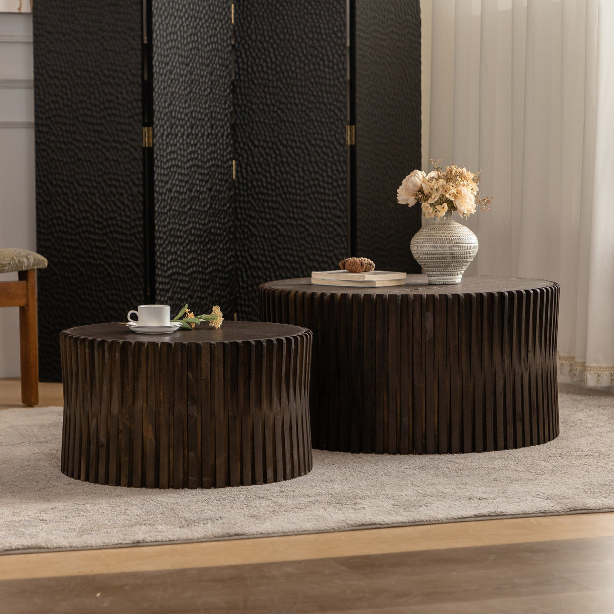 Vintage Style Cylindrical Nesting Coffee Table Set with Textured Embossed Design in Dark Brown MDF+Fir