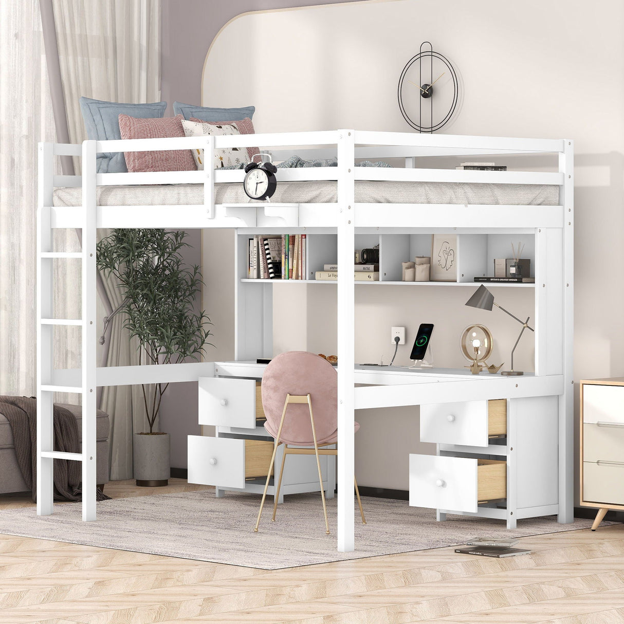Full Size Loft Bed With Desk, Cabinets, Drawers, Charging Station And Bedside Tray, Sturdy Frame, No Box Spring Required - White