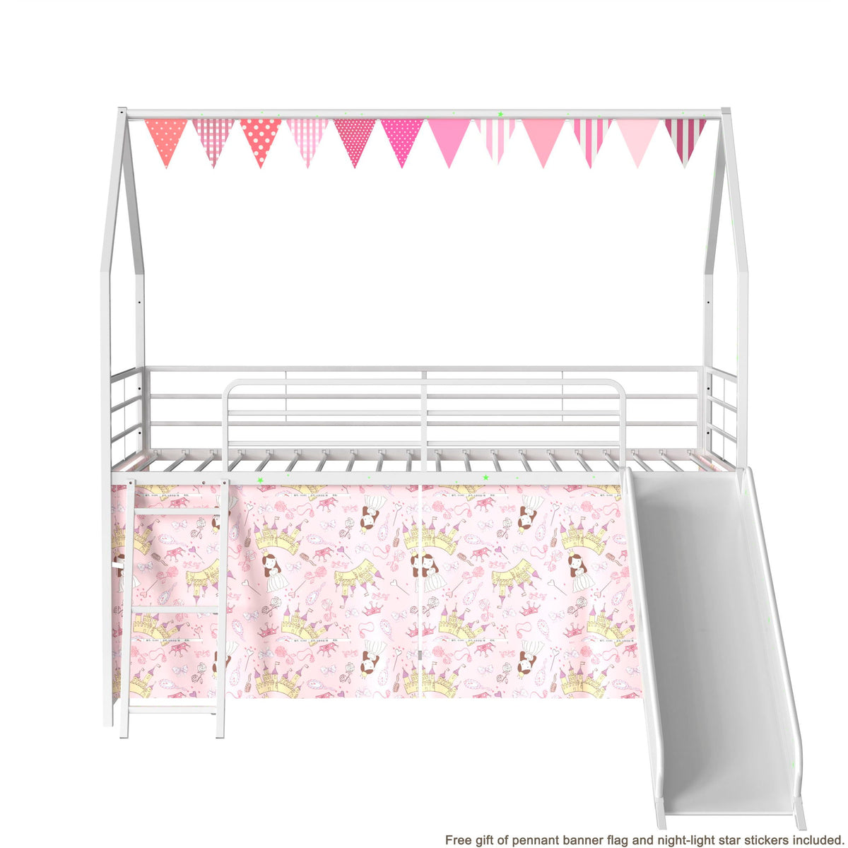 Jack - House Loft Bed With Slide And Curtain Set