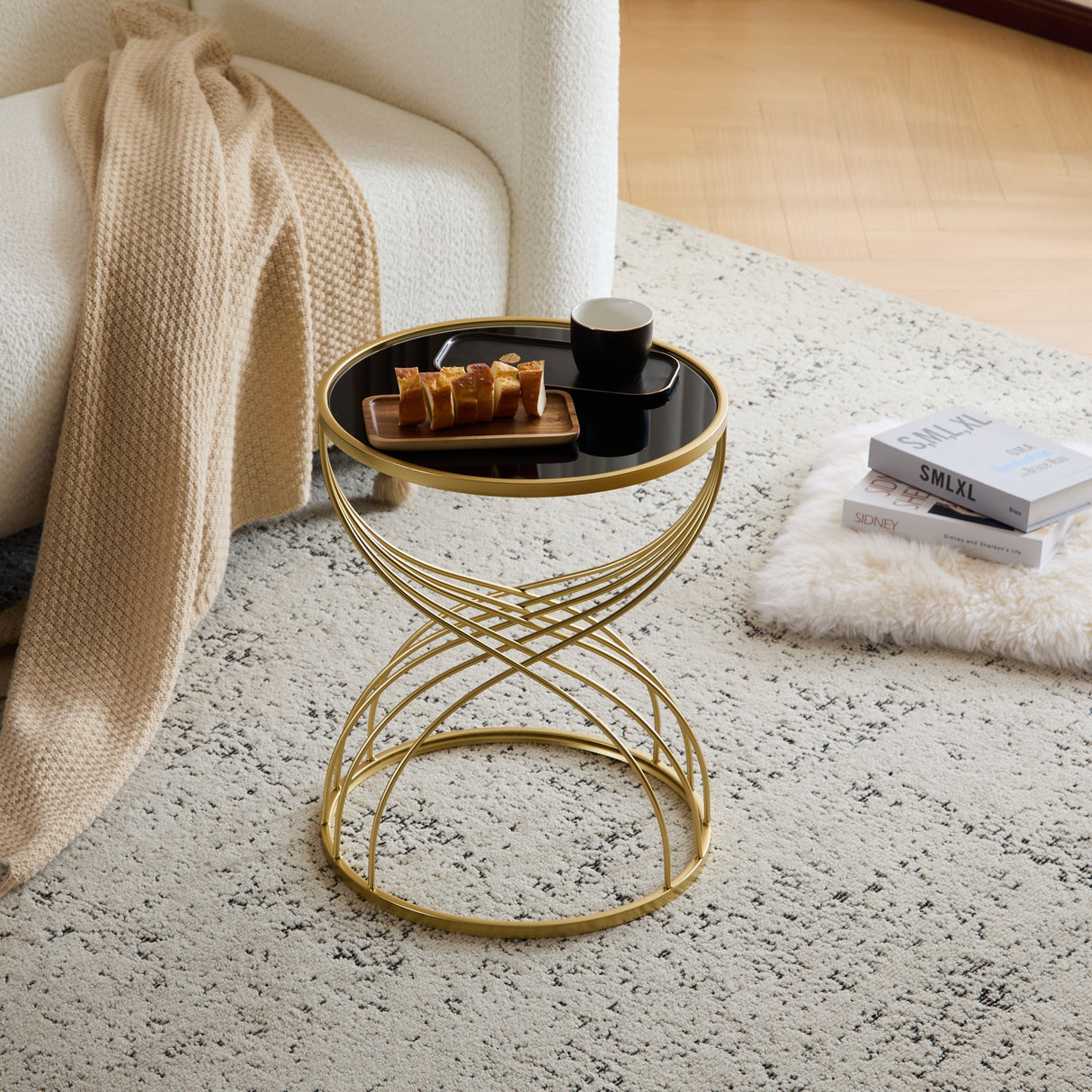 Modern Side Table with Golden Metal Frame and Black Mirror Top