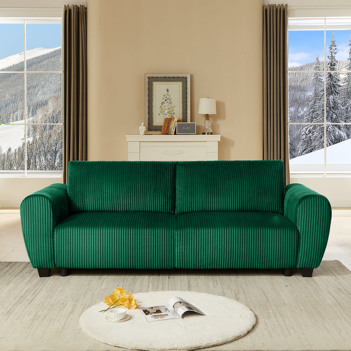 Corduroy Upholstered 3 Seat Sofa Couch 2-in-1 Convertible Green